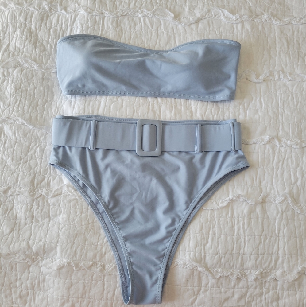 LA LA Swim Stapless Bandeau Belted High Waisted 2 Piece Bikini NWOT Baby Blue